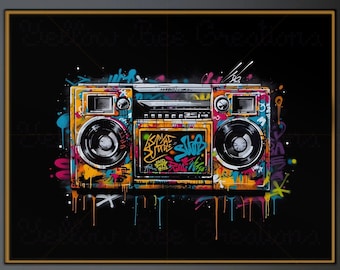 Graffiti Boombox PNG: Kolorowa muzyczna sztuka ścienna (pobranie cyfrowe)