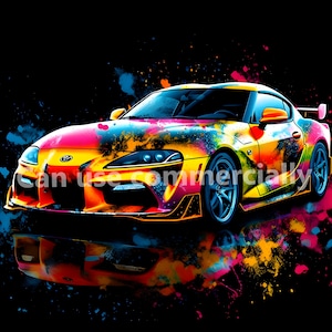 May include: A colorful, abstractly painted sports car with a black background. The car is a bright yellow, orange, red, blue, and green. The car is reflected in a puddle of water.
