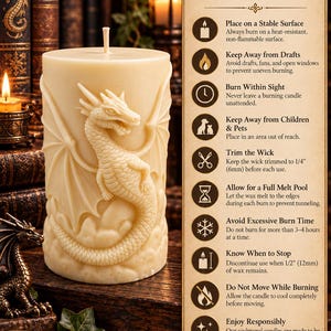 May include: A cream-coloured cylindrical pillar candle featuring a raised dragon relief. Beside it, a tan informational card titled Pillar Candle Care & Safety lists nine safety instructions with icons, including trimming the wick to 6mm.