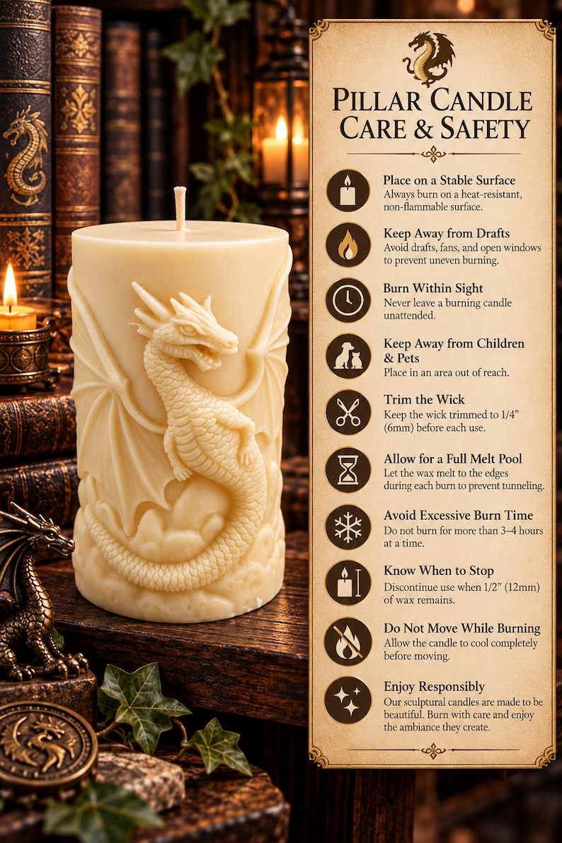 May include: A cream-coloured cylindrical pillar candle featuring a raised dragon relief. Beside it, a tan informational card titled Pillar Candle Care & Safety lists nine safety instructions with icons, including trimming the wick to 6mm.