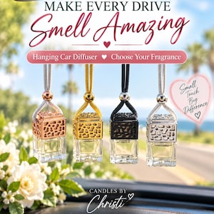 May include: Four hanging car diffusers with clear glass square bottles and decorative metal caps in rose gold, gold, black, and silver. Each features a matching cord and a leopard print cutout design. Text reads: MAKE EVERY DRIVE Smell Amazing.