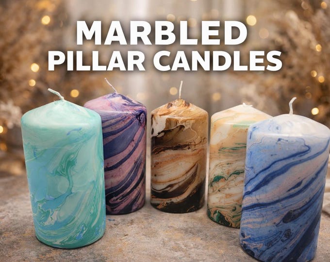Hand-Poured Marbled Pillar Candle, Unscented Paraffin Wax, Home Decor