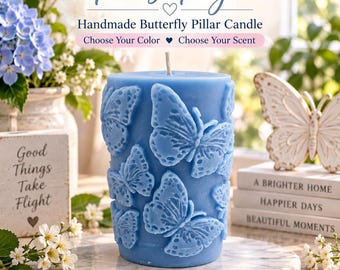 Butterfly Pillar Candle, Scented Decorative Candle, Butterfly Gift for Her, Handmade Home Decor, Choose Color & Scent
