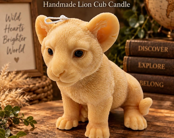 Lion Cub Candle, Baby Lion Candle, Lion Lover Gift, Safari Nursery Decor, Wildlife Gift, Sculptural Animal Candle
