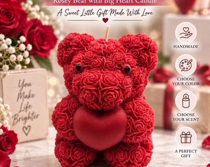 Teddy Bear Candle, Rose Bear Candle, Heart Candle, Valentine Gift for Her, Anniversary Gift, Birthday Gift, Handmade Sculptural Candle