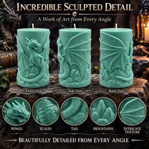 May include: Three cylindrical teal candles featuring a sculpted dragon design. The candles display a front, side, and back view of the dragon with wings, scales, and a tail. Five circular insets highlight the wings, scales, tail, mountains, and texture.