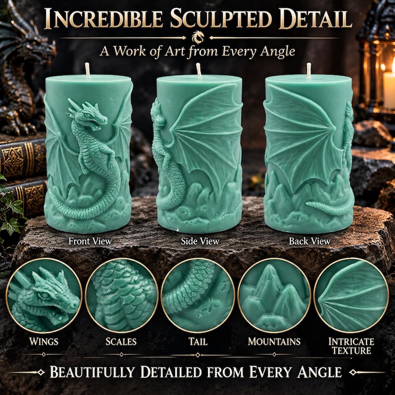 May include: Three cylindrical teal candles featuring a sculpted dragon design. The candles display a front, side, and back view of the dragon with wings, scales, and a tail. Five circular insets highlight the wings, scales, tail, mountains, and texture.