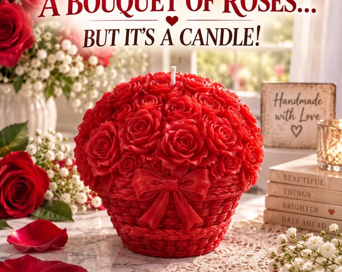 Rose Basket Candle, Rose Bouquet Candle, Floral Candle, Gift for Her, Handmade Scented Candle, Flower Home Decor