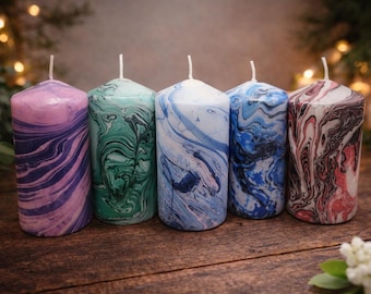 Hand-Poured Marbled Pillar Candle, Unscented Paraffin Wax, Home Decor