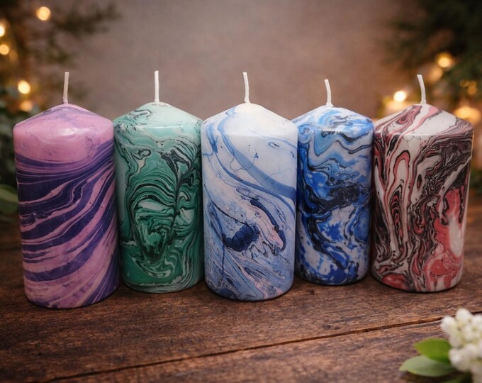 Hand-Poured Marbled Pillar Candle, Unscented Paraffin Wax, Home Decor
