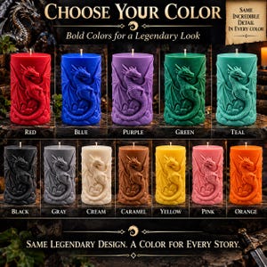 May include: A collection of twelve cylindrical pillar candles, each featuring a raised dragon relief design. The candles are available in red, blue, purple, green, teal, black, grey, cream, caramel, yellow, pink, and orange. Text reads Choose Your Colour.
