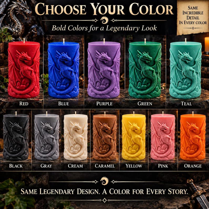 May include: A collection of twelve cylindrical pillar candles, each featuring a raised dragon relief design. The candles are available in red, blue, purple, green, teal, black, grey, cream, caramel, yellow, pink, and orange. Text reads Choose Your Colour.