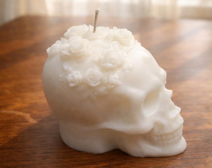 Rose Crown Skull Candle | Gothic Floral Candle | Decorative Skull Candle | Unique Halloween Decor | Dark Romantic Gift