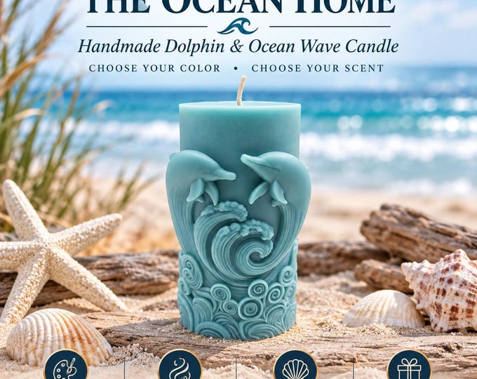 Dolphin Candle, Ocean Wave Candle, Beach Lover Gift, Coastal Decor, Sculptural Pillar Candle, Dolphin Lover Gift