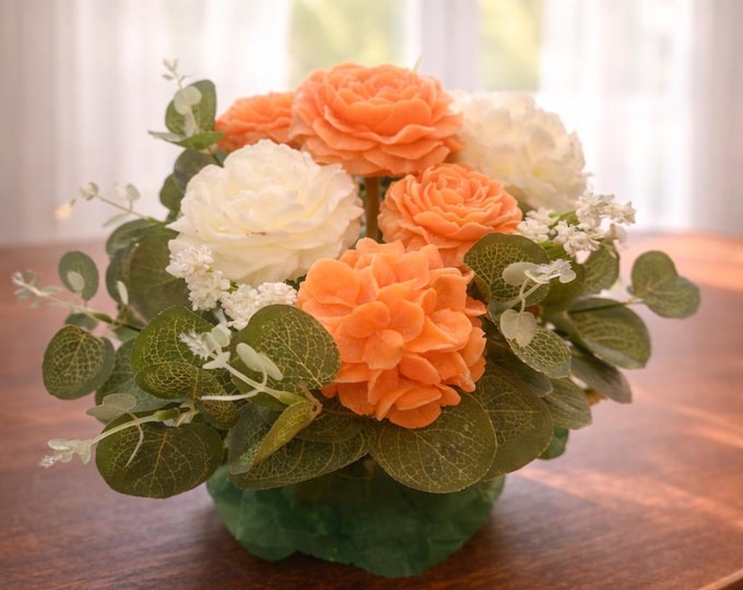 Wax Flower Bouquet – 6 Flowers with Baby’s Breath & Eucalyptus