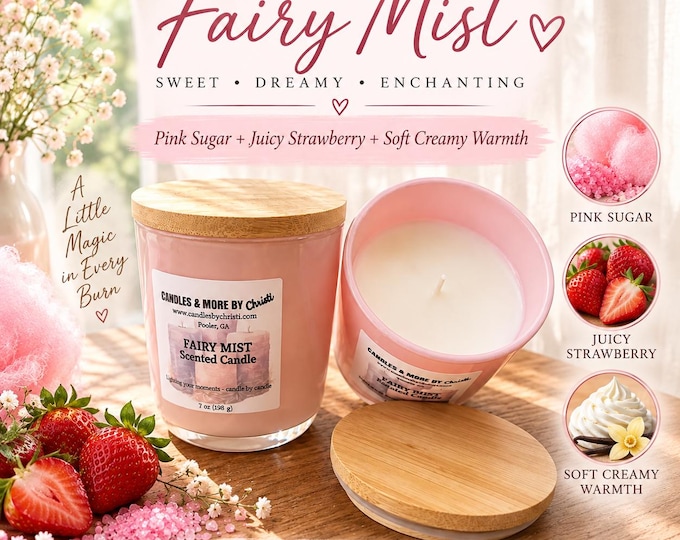 Pink Strawberry Scented Candle, Fairy Mist Pink Sugar Candle, Coconut Apricot Wax, 7 oz Candle, Gift for Her