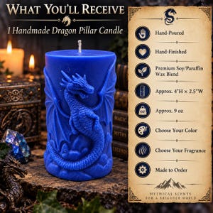 May include: A blue cylindrical pillar candle featuring a raised dragon relief design. The text reads: What You'll Receive, 1 Handmade Dragon Pillar Candle, Hand-Poured, Hand-Finished, Premium Soy/Paraffin Wax Blend, Approx. 10.16cm H x 6.35cm W, Approx. 255g.