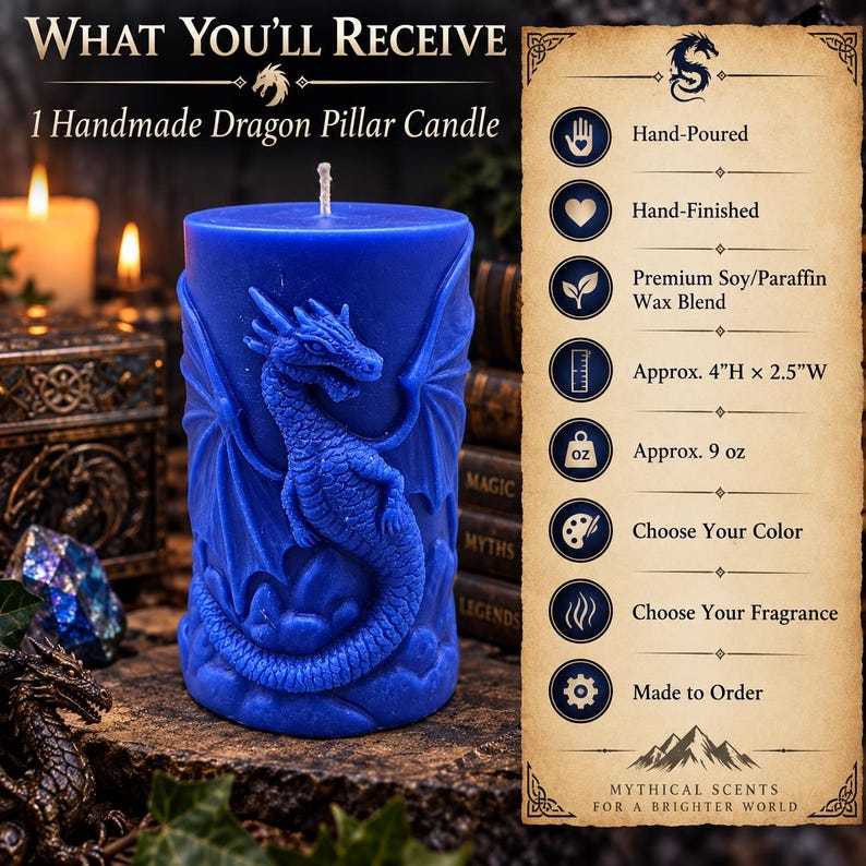 May include: A blue cylindrical pillar candle featuring a raised dragon relief design. The text reads: What You'll Receive, 1 Handmade Dragon Pillar Candle, Hand-Poured, Hand-Finished, Premium Soy/Paraffin Wax Blend, Approx. 10.16cm H x 6.35cm W, Approx. 255g.