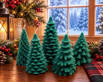 Set of 5 Handcrafted Christmas Tree Candles, Soy-Paraffin Blend, Holiday Home Decor