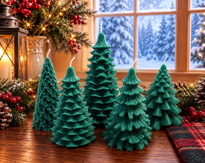 Set of 5 Handcrafted Christmas Tree Candles, Soy-Paraffin Blend, Holiday Home Decor