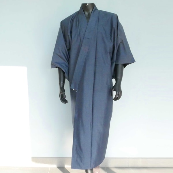 Kimono traditionnel japonais pour homme en soie bleu métal motif carapace de tortue