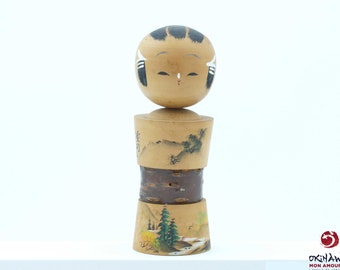 Showa era style Sosaku creative Japanese Kokeshi doll with mountain landscape decor