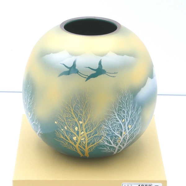 Vase rond en céramique japonaise Kutani vert émeraude décoré de grues et de feuilles d'or