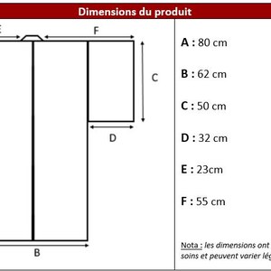 K&ouml;nnte beinhalten: Linienzeichnung eines Kimonos mit in Zentimetern beschrifteten Ma&szlig;en. Die Ma&szlig;e sind: A: 80 cm, B: 62 cm, C: 50 cm, D: 32 cm, E: 23 cm, F: 55 cm. Der Text "Nota: les dimensions ont &eacute;t&eacute; prises &agrave; la main par nos soins et peuvent varier l&eacute;g&egrave;rement" befindet sich unterhalb der Ma&szlig;e.