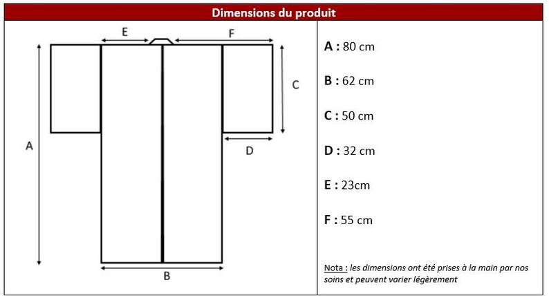 K&ouml;nnte beinhalten: Linienzeichnung eines Kimonos mit in Zentimetern beschrifteten Ma&szlig;en. Die Ma&szlig;e sind: A: 80 cm, B: 62 cm, C: 50 cm, D: 32 cm, E: 23 cm, F: 55 cm. Der Text "Nota: les dimensions ont &eacute;t&eacute; prises &agrave; la main par nos soins et peuvent varier l&eacute;g&egrave;rement" befindet sich unterhalb der Ma&szlig;e.