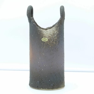 Japanese Shigaraki ceramic vase in stone tone decorated with two swan head handles