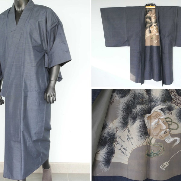Ensemble traditionnel kimono et haori japonais légers bleu marine pour homme en soie, décor de masque de sage