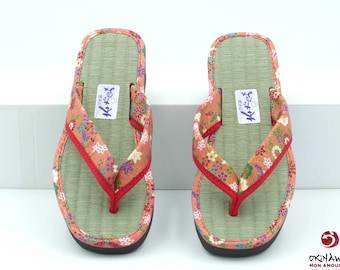 Japanese zori-style sandals for women in genuine tatami, pink color, size 36-38