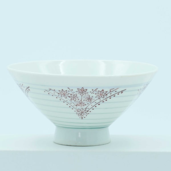 Bol à riz ou à soupe en porcelaine japonaise blanche, décoré de petites fleurs rouges et de cercles argentés