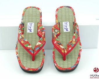 Japanese zori-style sandals for women in genuine tatami, red color, size 36-38