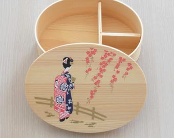 Japanese cedar wood bento box depicting a Geisha under a cherry blossom tree