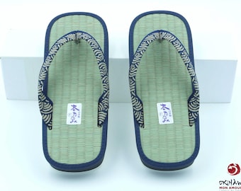Japanese zori-style sandals for men in genuine tatami, blue color, size 40-42