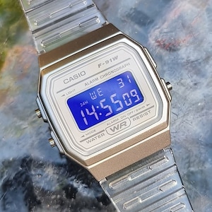 Midnight Purple – Modified Watch Based on Casio F-91W – Clear White Case, Purple Polarized Screen – Minimalist Retro Gift – Custom Casio Mod
