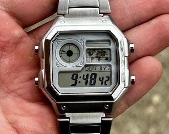 Full Metal Royale – Modified Watch Based on Casio AE-1200 – CNC Stainless Steel Case – Custom Digital Watch – Casio Royale Mod – Hydro Mod