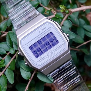 Gridlines Clear – Modified Watch Based on Casio F-91W – Transparent Case with Violet Grid Screen – Custom Retro Digital Casio Gift Watch F91