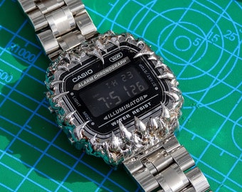 A168 "Metal líquido" 1 de 10 Técnica de vidrio Casio Tiffany personalizada modificada Pantalla negra Pulsera de metal pesada de alta calidad Casio Mod