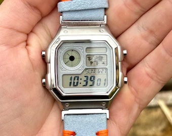 Skyline Royale – Modified Watch Based on Casio AE-1200 – Full Metal Build  with Sky Blue Strap – CNC Case – Custom Digital Casio Royale Mod
