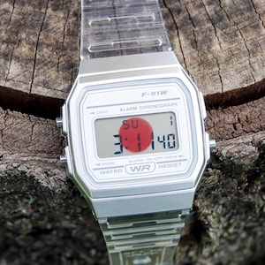 Japan Clear – Modified Watch Based on Casio F-91W – Transparent White Digital Watch with Red Dot Screen – Custom Casio Mod – Retro Gift Idea