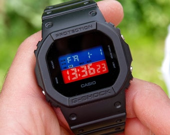 Casio G-Shock DW-5600 Custom Watch Two-Tone Red and Blue Screen - G-Shock series DW5600 Black Modified Casio - Mod Watch