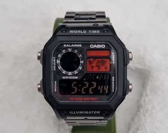 Custom Casio Royale AE1200 "Red Weighted metal" - Modified Watch- Red & Black Screen, Black Metal Strap - Mens Gifts- Digital Casio Vintage