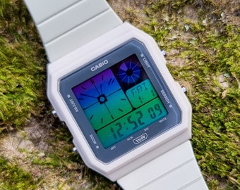 Custom Casio LF20W Beige Hydromod - Casio Mod Twin Graph - Purple and Green Gradient Screen - Vintage Beige Casio - Digital Watch Mod