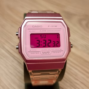 Custom Casio F91W Miami Pink Mod - Modified Pink Transparent Casio Watch with Inverted Pink Screen - Valentines Gift for Her - Watch for Her