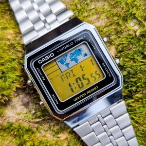 Modified Custom Chrome Casio A500 Worldtime With Yellow Tone Screen and Hydromod Oil Fill - Casio Mod Vintage Watch Gift For Him