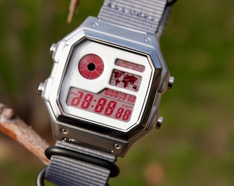 Crimson White Royale – Modified Watch Based on Casio AE-1200 - Full Metal Red Screen - Gray 22mm Strap – Custom Royale HydroMod Digital