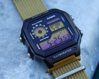 Sunset Royale – Modified Watch Based on Casio AE-1200 – Custom Hydro Mod - Black Screen – 22mm Strap, Digital Gift Casio Royale Mod AE-1200W