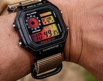 Sunrise 22 – Modified Watch Based on Casio AE-1200 – Fire Red Gradient Screen – Beige Military Strap 22mm – Hydro Mod – Custom Casio Royale